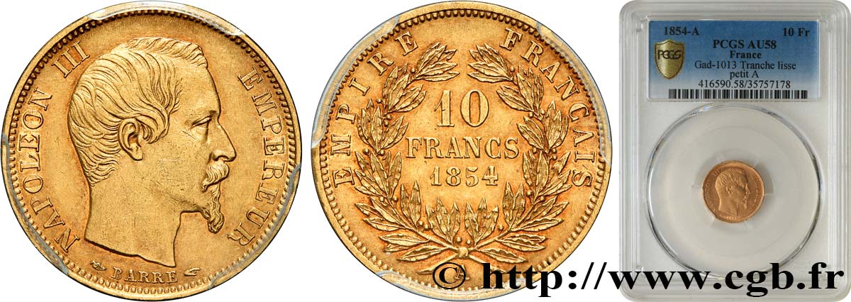 10 francs or Napoléon III, tête nue, petit module, tranche lisse 1854 Paris F.505/1 SUP58 PCGS