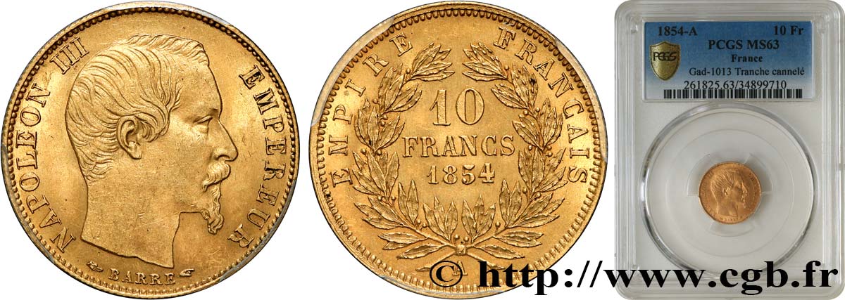 10 francs or Napoléon III tête nue, petit module, tranche cannelée 1854 Paris F.505A/1 fST63 PCGS