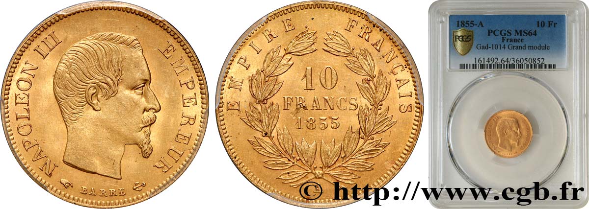 10 francs or Napoléon III, tête nue, grand module 1855 Paris F.506/1 MS64 PCGS