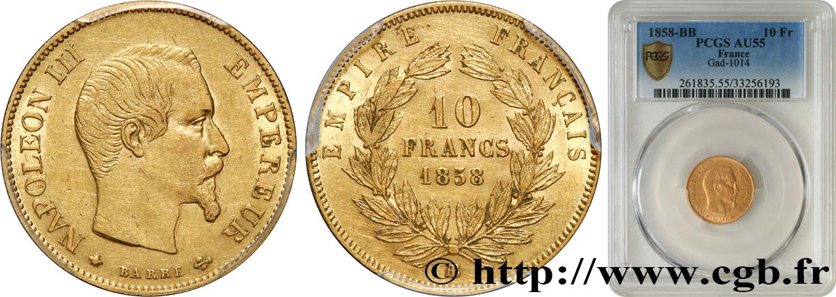 10 francs or Napoléon III, tête nue, grand module 1858 Strasbourg F.506/6 SUP55 PCGS