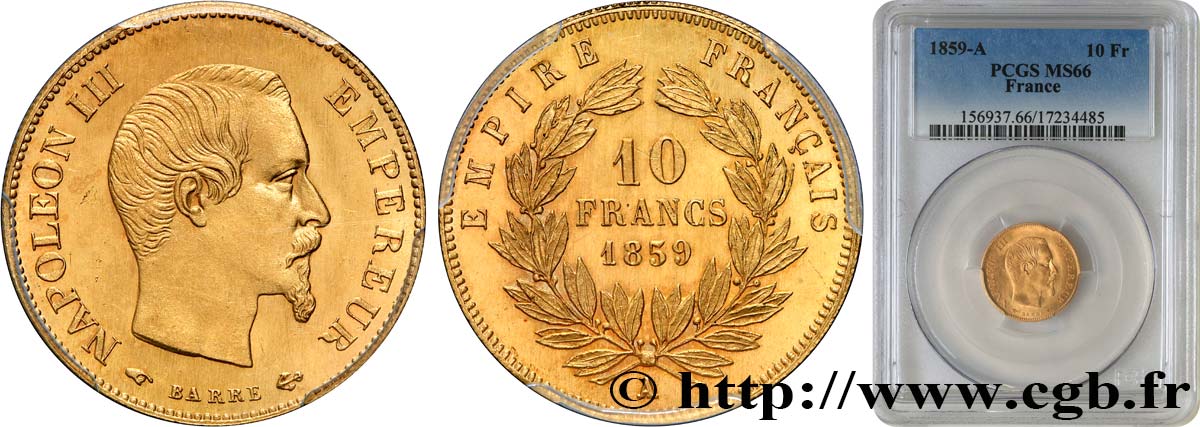10 francs or Napoléon III, tête nue 1859 Paris F.506/7 MS66 PCGS