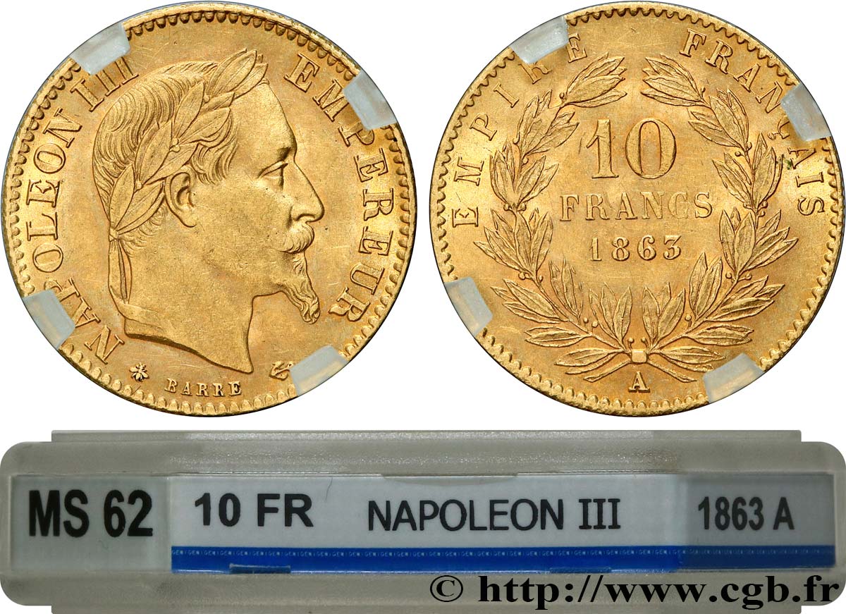 10 francs or Napoléon III, tête laurée, type définitif à grand 10 1863 Paris F.507A/3 EBC62 GENI