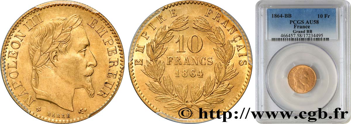 10 francs or Napoléon III, tête laurée, Grand BB 1864 Strasbourg F.507A/8 VZ58 PCGS