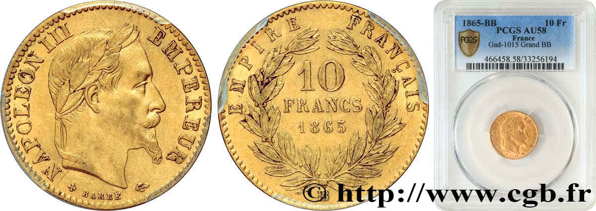 10 francs or Napoléon III, tête laurée, type définitif à grand 10, Grand BB 1865 Strasbourg F.507A/11 AU58 PCGS