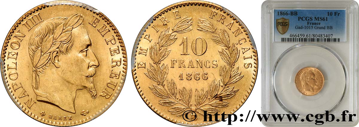 10 francs or Napoléon III, tête laurée, Grand BB 1866 Strasbourg F.507A/14 SPL61 PCGS