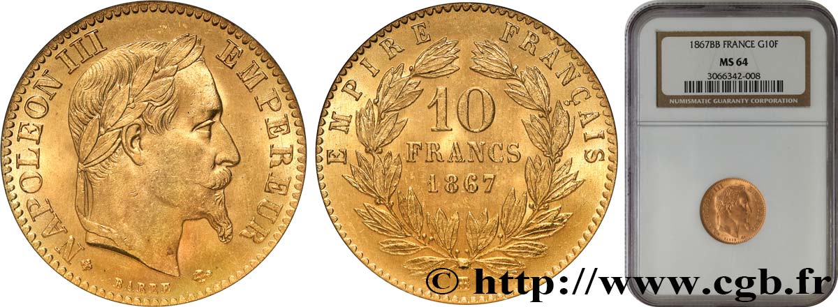 10 francs or Napoléon III, tête laurée, type définitif à grand 10 1867 Strasbourg F.507A/16 SC64 NGC