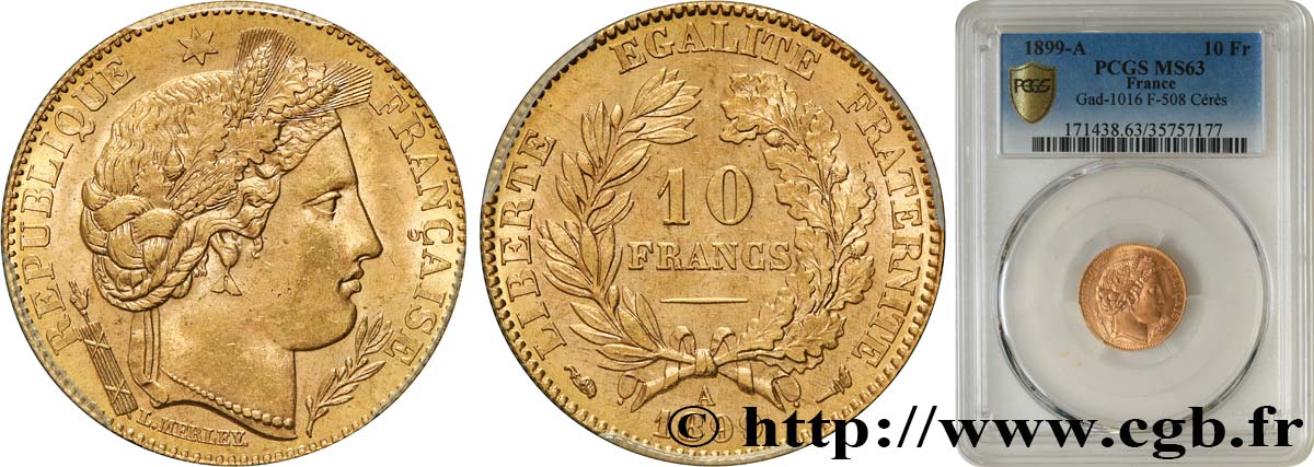 10 francs or Cérès, Troisième République 1899 Paris F.508/5 fST63 PCGS