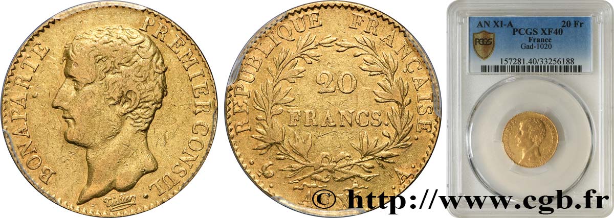 20 francs or Bonaparte Premier Consul 1803 Paris F.510/1 BB40 PCGS