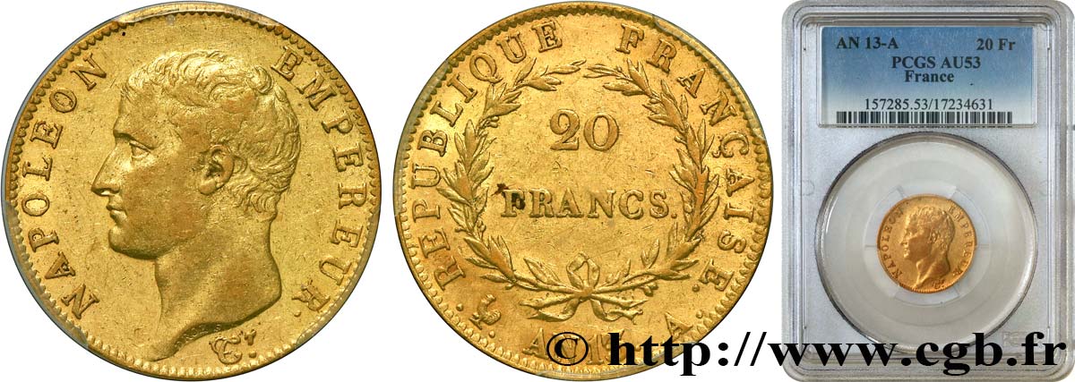 20 francs or Napoléon tête nue, Calendrier révolutionnaire 1805 Paris F.512/1 MBC53 PCGS
