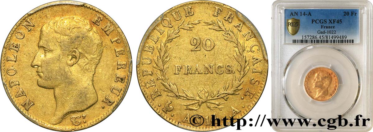 20 francs or Napoléon tête nue, Calendrier révolutionnaire 1805 Paris F.512/5 XF45 PCGS