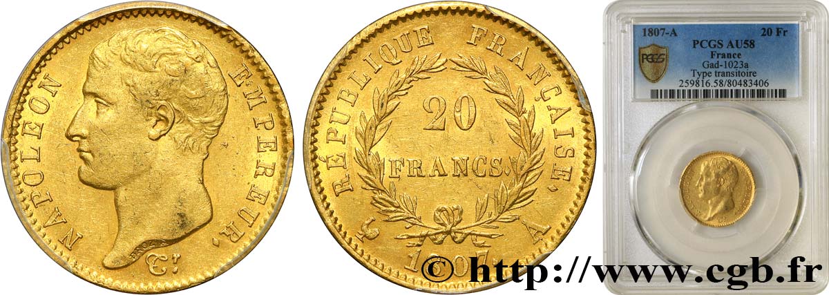 20 francs or Napoléon tête nue, type transitoire 1807 Paris F.514/1 VZ58 PCGS