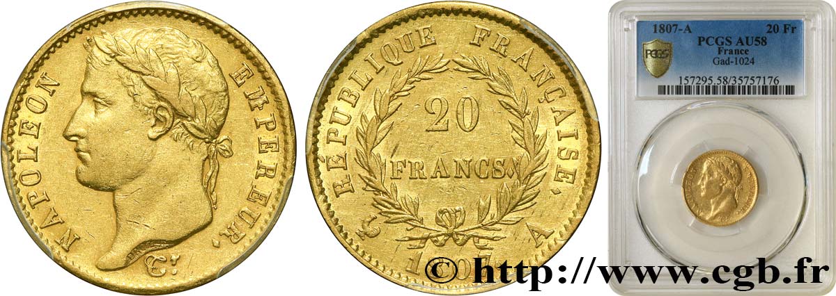 20 francs or Napoléon tête laurée, République française 1807 Paris F.515/1 SPL58 PCGS