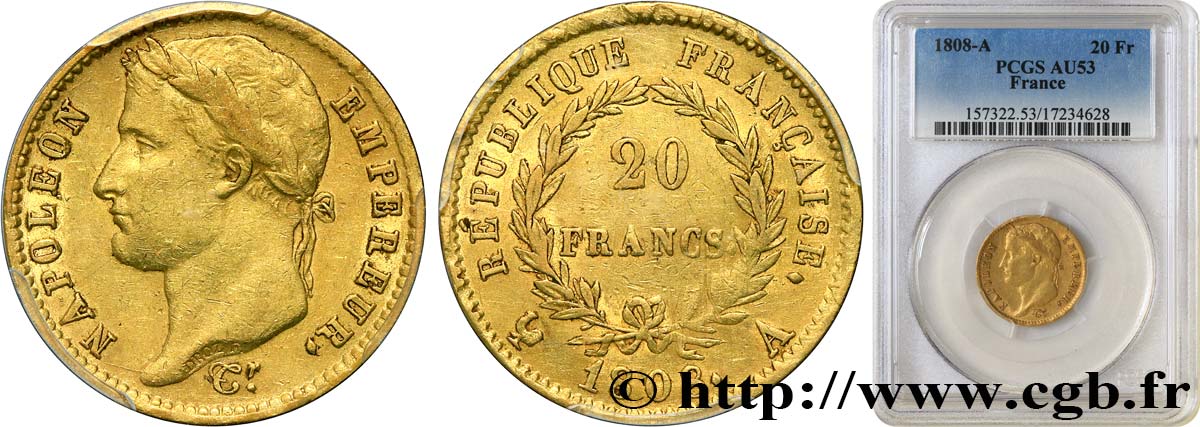 20 francs or Napoléon tête laurée, République française 1808 Paris F.515/2 BB53 PCGS