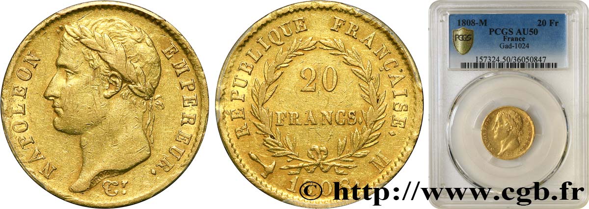 20 francs or Napoléon tête laurée, République française 1808 Toulouse F.515/4 AU50 PCGS