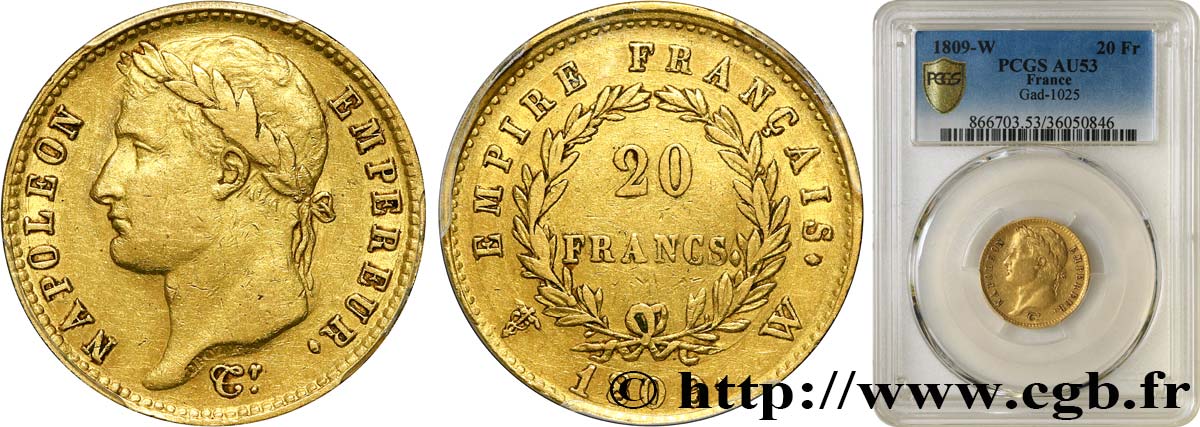 20 francs or Napoléon Ier tête laurée, Empire français 1809 Lille F.516/7 BB53 PCGS