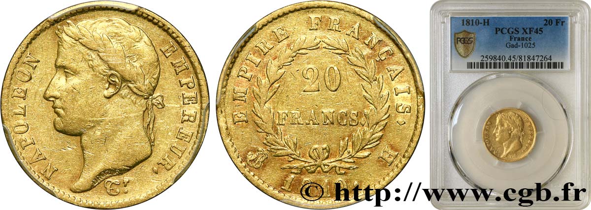 20 francs or Napoléon, tête laurée, Empire français 1810 La Rochelle F.516/10 XF45 PCGS