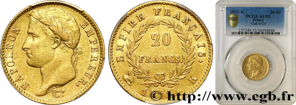 20 francs or Napoléon tête laurée, Empire français 1811 Bordeaux F.516/18 SS53 PCGS