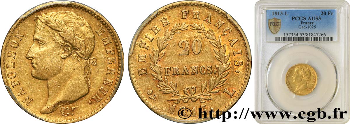 20 francs or Napoléon tête laurée, Empire français 1813 Bayonne F.516/33 AU53 PCGS