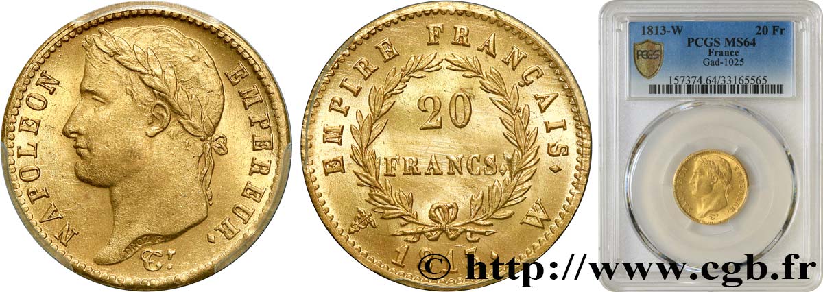 20 francs or Napoléon tête laurée, Empire français 1813 Lille F.516/38 SC64 PCGS