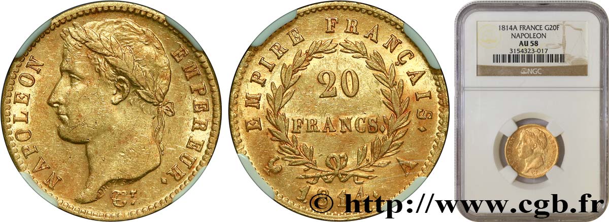 20 francs or Napoléon tête laurée, Empire français 1814 Paris F.516/39 EBC58 NGC