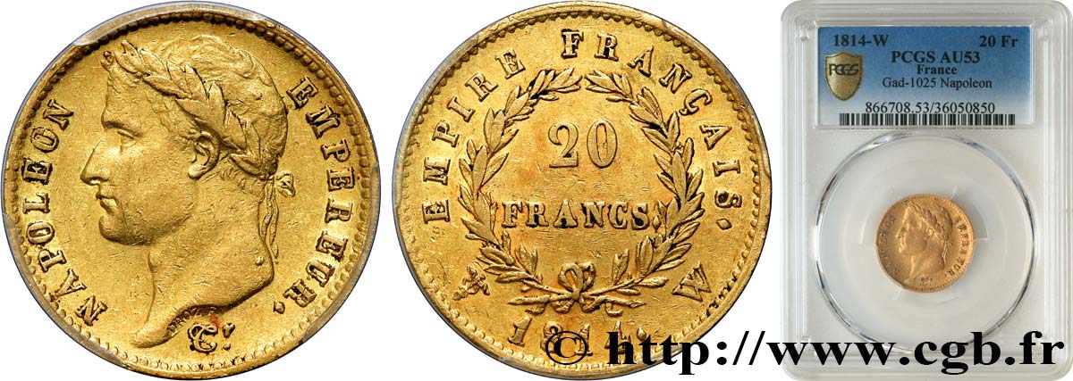 20 francs or Napoléon tête laurée, Empire français 1814 Lille F.516/42 MBC53 PCGS