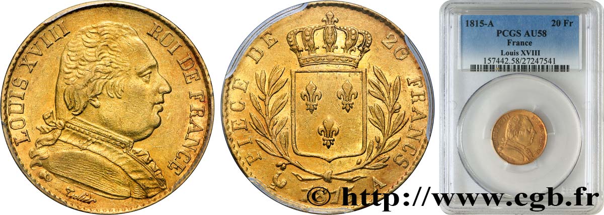 20 francs or Louis XVIII, buste habillé 1815 Paris F.517/10 SUP58 PCGS