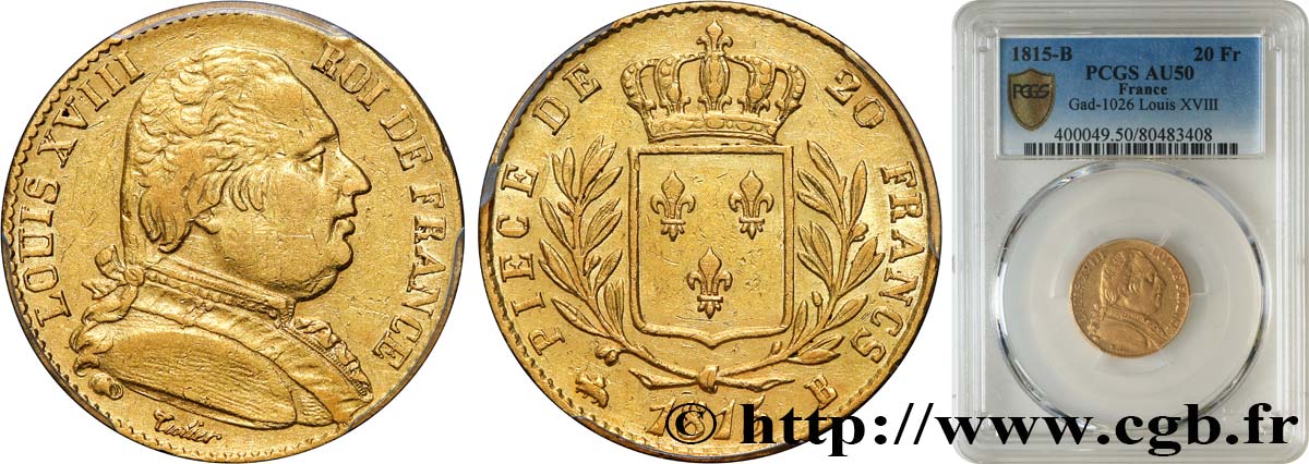 20 francs or Louis XVIII, buste habillé 1815 Rouen F.517/11 MBC50 PCGS