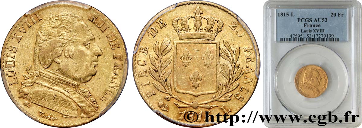 20 francs or Louis XVIII, buste habillé 1815 Bayonne F.517/14 TTB53 PCGS