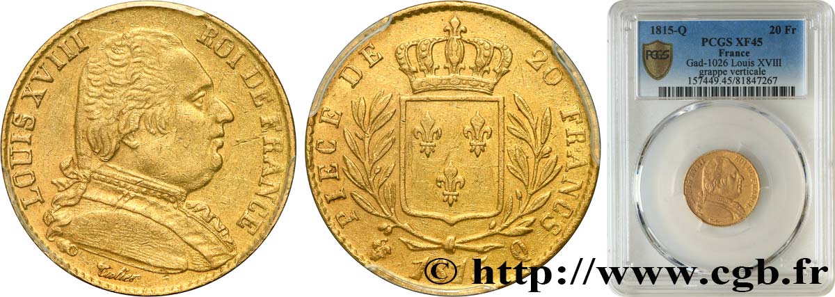 20 francs or Louis XVIII, buste habillé 1815 Perpignan F.517/16 TTB45 PCGS
