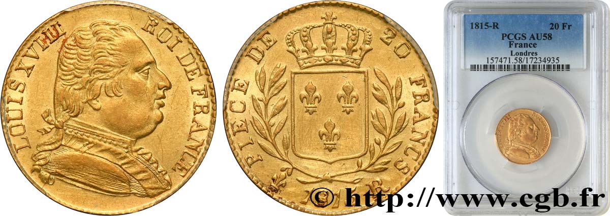 20 francs or Louis XVIII, buste habillé 1815 Londres F.518/1 SPL58 PCGS