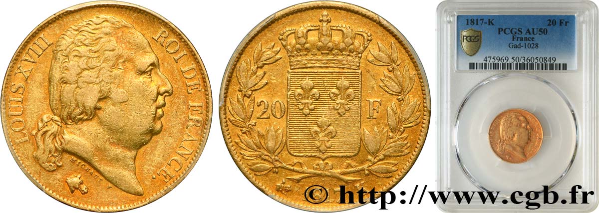 20 francs or Louis XVIII, tête nue 1817 Bordeaux F.519/6 MBC50 PCGS