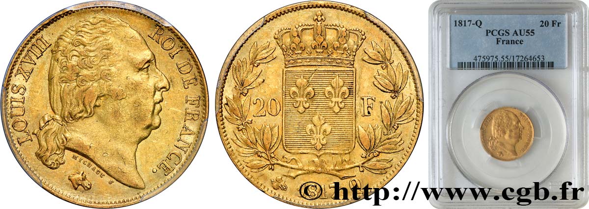 20 francs or Louis XVIII, tête nue 1817 Perpignan F.519/8 EBC55 PCGS