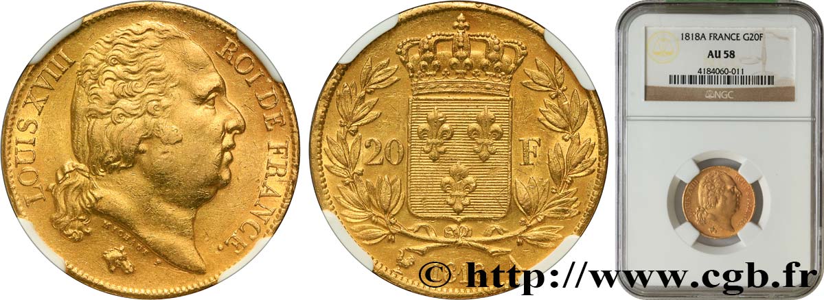 20 francs or Louis XVIII, tête nue 1818 Paris F.519/10 SUP58 NGC
