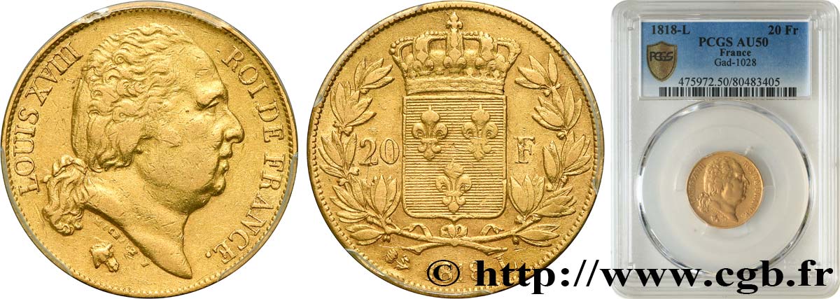 20 francs or Louis XVIII, tête nue 1818 Bayonne F.519/11 AU50 PCGS