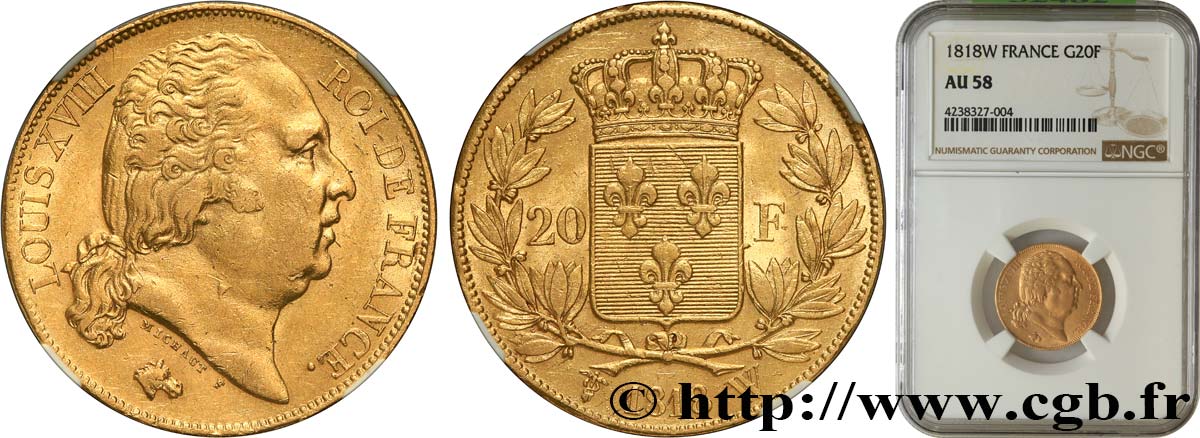 20 francs or Louis XVIII, tête nue 1818 Lille F.519/14 AU58 NGC