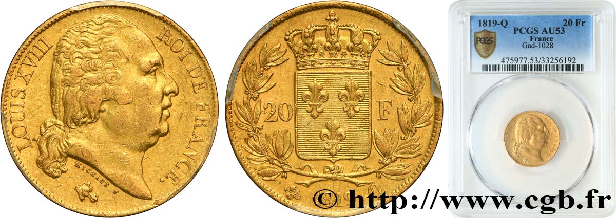 20 francs or Louis XVIII, tête nue 1819 Perpignan F.519/16 BB53 PCGS