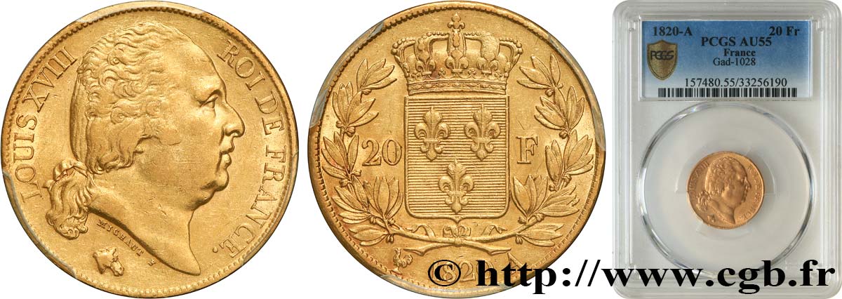 20 francs or Louis XVIII, tête nue 1820 Paris F.519/19 EBC55 PCGS