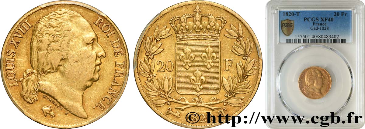 20 francs or Louis XVIII, tête nue 1820 Nantes F.519/22 XF40 PCGS