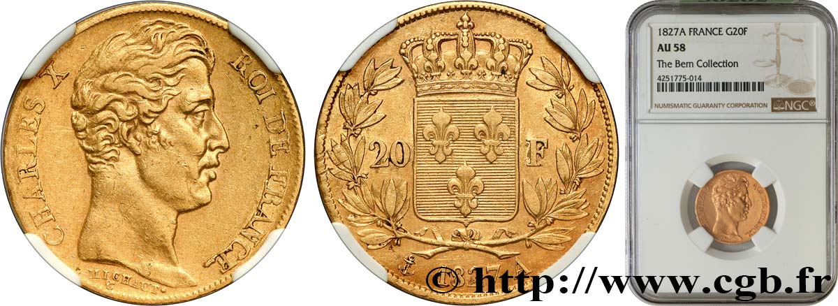 20 francs or Charles X 1827 Paris F.520/6 SPL58 NGC