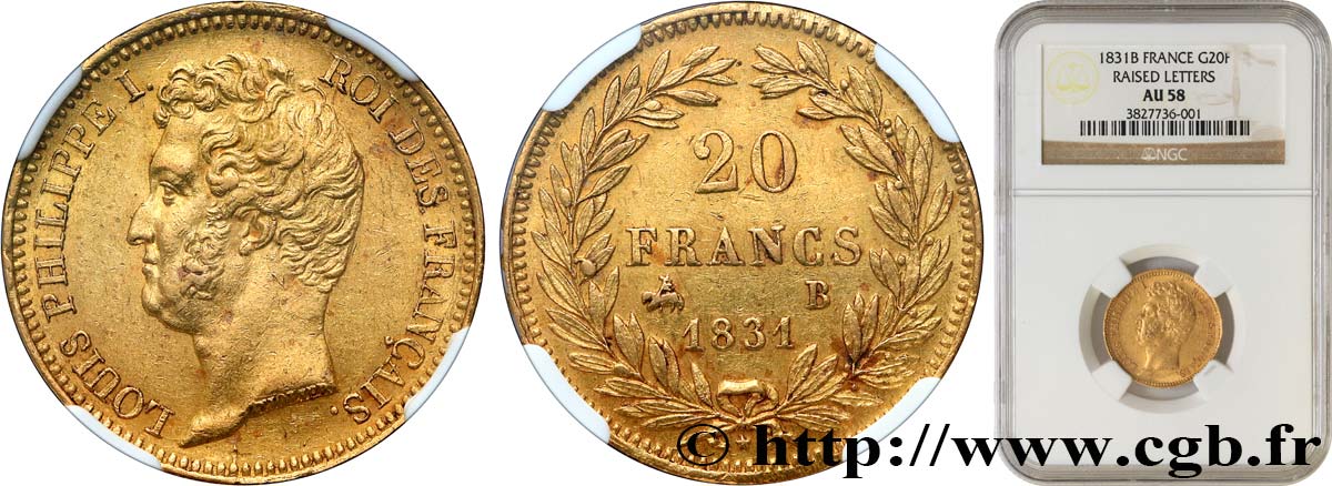 20 francs or Louis-Philippe, Tiolier, tranche inscrite en relief 1831 Rouen F.525/3 AU58 NGC