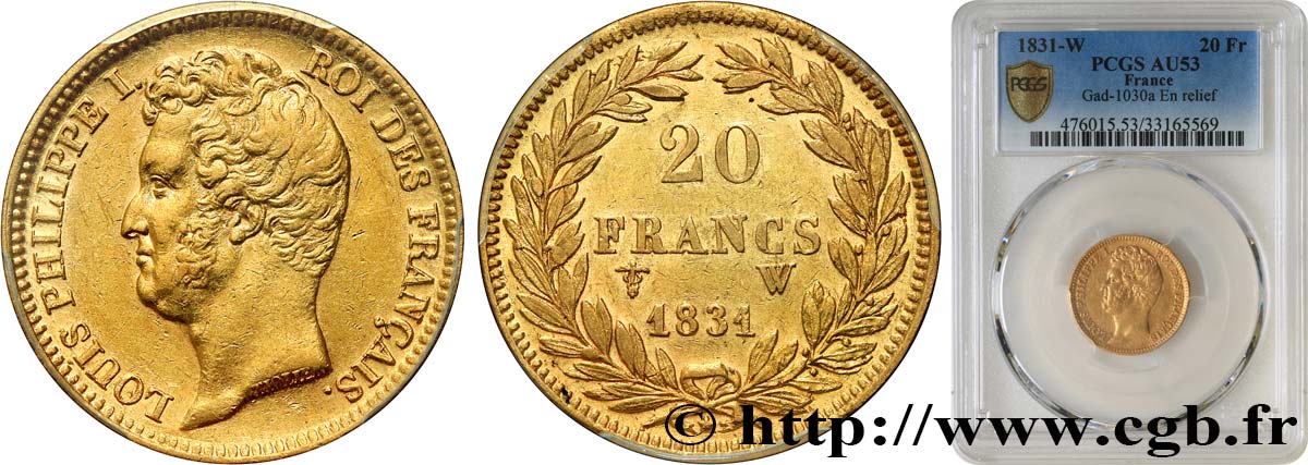 20 francs or Louis-Philippe, Tiolier, tranche inscrite en relief 1831 Lille F.525/5 AU53 PCGS