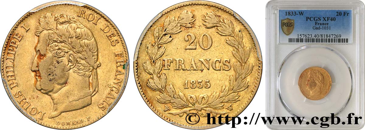 20 francs or Louis-Philippe, Domard 1835 Lille F.527/13 MBC40 PCGS