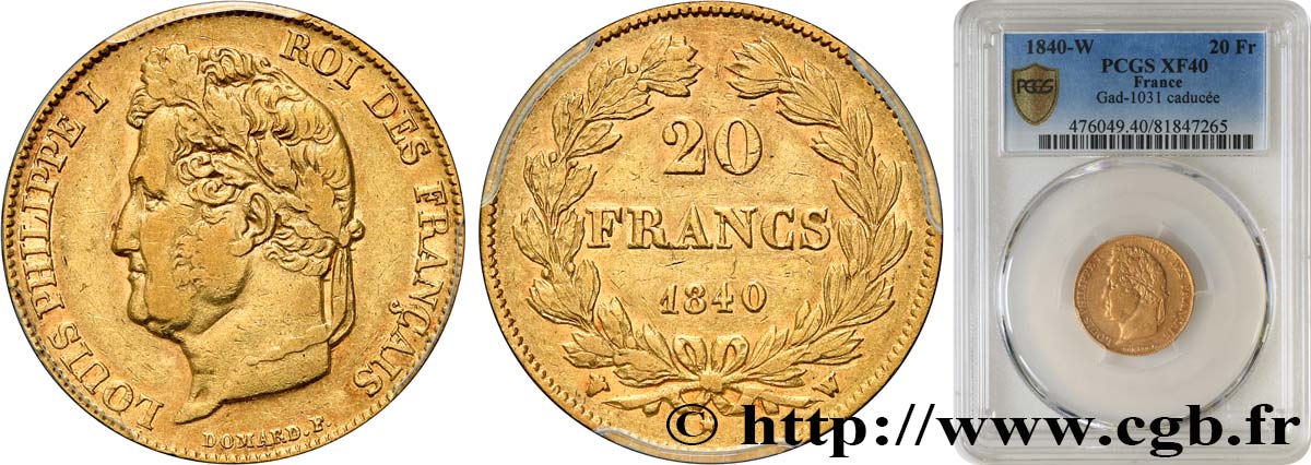 20 francs or Louis-Philippe, Domard 1840 Lille F.527/23 SS40 PCGS