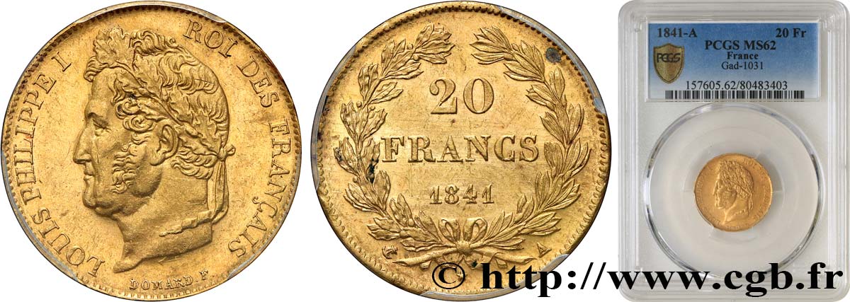 20 francs or Louis-Philippe, Domard 1841 Paris F.527/25 EBC62 PCGS