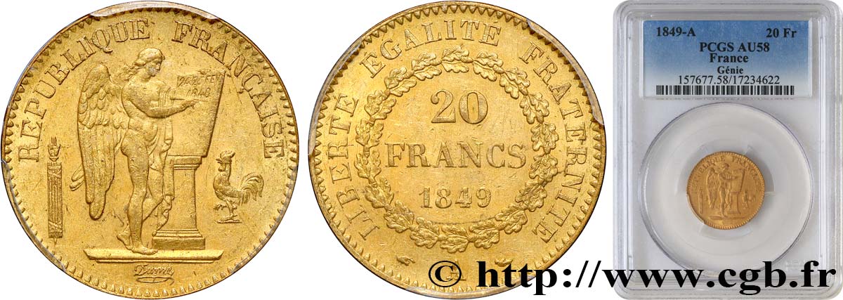 20 francs or Génie, IIe République 1849 Paris F.528/2 SUP58 PCGS