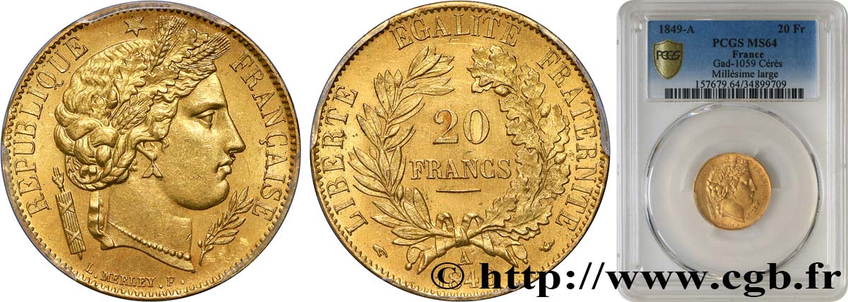 20 francs or Cérès 1849 Paris F.529/1 SPL64 PCGS