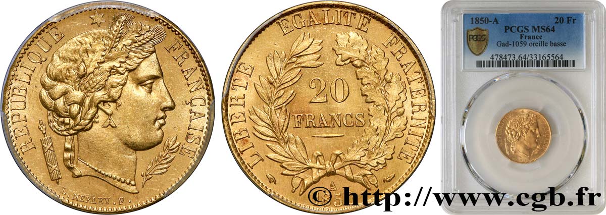 20 francs or Cérès 1850 Paris F.529/3 SC64 PCGS