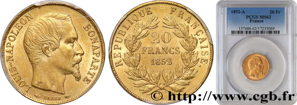 20 francs or Louis-Napoléon 1852 Paris F.530/1 VZ62 PCGS