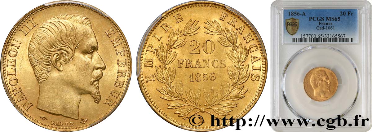 20 francs or Napoléon III, tête nue 1856 Paris F.531/9 ST65 PCGS