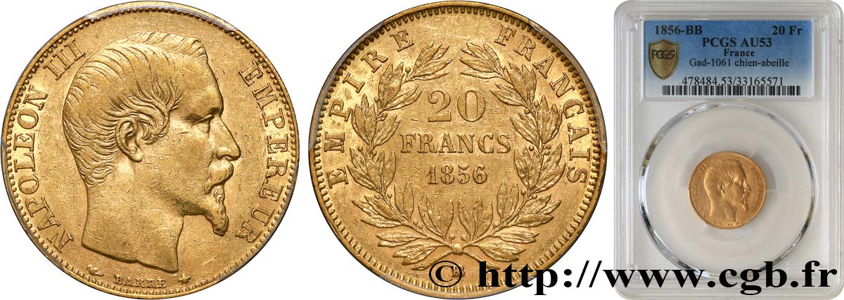 20 francs or Napoléon III, tête nue 1856 Strasbourg F.531/10 AU53 PCGS